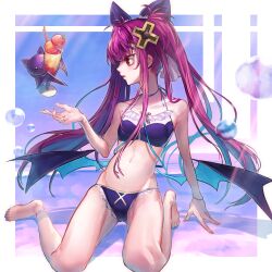 1girl absurdres alucard_lore barefoot bat_(animal) bat_wings black_wings bow bubble commission emil_chronicle_online familiar from_side hair_bow hair_ornament highres juice kunagi_sokemo navel purple_hair red_eyes sitting skeb_commission swimsuit twintails wariza wings
