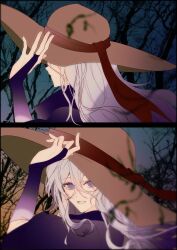 1boy absurdres adjusting_clothes adjusting_headwear androgynous arm_up bare_tree blue_eyes blurry blurry_foreground bridal_gauntlets brown_hat chinese_commentary commentary_request double-parted_bangs empty_eyes fingernails grin hair_between_eyes hat highres large_hat long_hair looking_at_viewer male_focus night no_pupils official_alternate_costume outdoors personification plants_vs._zombies plants_vs._zombies_2 purple_shirt shadow_peashooter_(plants_vs_zombies) shirt sidelocks siiiiiiiiiii smile sun_hat three-quarter_sleeves trap tree wavy_hair white_hair wind
