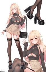 1girl alternate_costume bag barbell_piercing bare_shoulders black_shirt black_shoes blonde_hair blush breasts brown_thighhighs chinese_commentary cleavage cleavage_cutout clothing_cutout colored_tips commentary_request crossed_legs ear_piercing earrings feet full_body grey_skirt gyaru hair_intakes heart_cutout high_heels highres holding holding_bag jewelry kitagawa_marin large_breasts legs long_hair long_sleeves looking_at_viewer mary_janes miniskirt multicolored_hair multiple_views piercing platform_heels platform_shoes pleated_skirt shirt shoes shoulder_bag shoulder_cutout signature sitting skindentation skirt sleeves_past_wrists sono_bisque_doll_wa_koi_wo_suru standing thigh_strap thighhighs thighs torn_clothes torn_thighhighs turtleneck turtleneck_shirt underboob_cutout waving xnnagu zettai_ryouiki