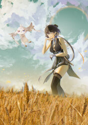 1girl :&lt; abby_(wuthering_waves) absurdres bandaged_hand bandages bare_arms bare_shoulders black_bow black_dress black_footwear black_gloves black_hair black_thighhighs boots bow breasts chigusa7h closed_eyes commentary cross-laced_clothes cross-laced_dress dress earrings eyeliner female_rover_(wuthering_waves) fingerless_gloves gloves hair_bow hair_ornament hair_ribbon hairclip hand_up highres jewelry large_breasts laughing makeup open_mouth outdoors pangu_terminal_(wuthering_waves) red_eyeliner ribbon rover_(wuthering_waves) single_fingerless_glove sleeveless sleeveless_dress smile tacet_mark_(wuthering_waves) thigh_boots thighhighs thighhighs_under_boots thighs triangle_earrings unamused wuthering_waves yellow_ribbon