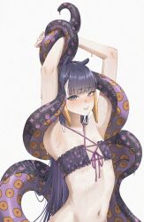 1girl absurdres armpits arms_up bikini blue_eyes blunt_bangs blush bound bound_wrists criss-cross_halter flat_chest frilled_bikini frills gradient_hair halterneck highres hololive hololive_english long_hair looking_at_viewer mole mole_under_eye multicolored_hair navel ninomae_ina&#039;nis official_alternate_costume orange_hair pointy_ears purple_bikini purple_hair restrained samukzz sidelocks simple_background solo straight_hair swimsuit tentacle_hair tentacles upper_body very_long_hair virtual_youtuber white_background