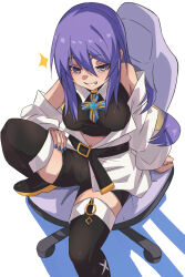 Rule 34 | 1girl, black boots, black choker, black shirt, black shorts, blonde hair, blue bow, blue bowtie, blush, boots, bow, bowtie, breasts, breasts apart, brooch, chair, choker, collared shirt, colored inner hair, colored shoe soles, crop top, cropped shirt, feet on chair, from above, gaming chair, glint, gradient eyes, gradient hair, grin, highres, hololive, hololive indonesia, jacket, jewelry, jitome, knee up, long hair, long sleeves, looking at viewer, ludwigtk, medium breasts, moona hoshinova, moona hoshinova (1st costume), multicolored eyes, multicolored hair, off shoulder, purple eyes, purple hair, shirt, shorts, simple background, sitting, skin tight, sleeveless, sleeveless shirt, smile, solo, star brooch, starry hair, swivel chair, thigh boots, tight clothes, two-tone hair, virtual youtuber, white background, white jacket, yellow eyes
