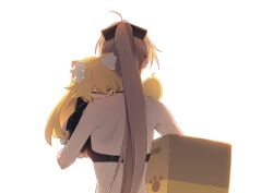 2girls aged_down ahoge animal_ear_fluff animal_ears azur_lane bare_shoulders bikini blonde_hair box brown_hair carrying closed_eyes hatski.sin high_ponytail highres jean_bart_(azur_lane) long_hair manjuu_(azur_lane) meowfficer_(azur_lane) multiple_girls official_alternate_costume oscar_(azur_lane) paw_print ponytail simple_background swimsuit tail very_long_hair white_background