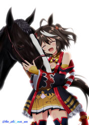 1boy 1girl ahoge animal_ears bare_shoulders black_hair bob_cut chanchanko_(clothes) cleavage_cutout closed_eyes clothing_cutout commentary_request creature_and_personification detached_sleeves equinox_(racehorse) hair_ornament hair_ribbon highres horse horse_ears horse_girl kitasan_black_(umamusume) kouhaku_nawa multicolored_hair partial_commentary personification rappasan05 real_life red_ribbon ribbon rope shimenawa simple_background streaked_hair twitter_username two-tone_hair umamusume white_background white_hair