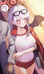 1boy 1girl absurdres arm_hug bag blue_archive bow braid buruma c: commentary_request cs_(connectedskyy) demon_girl demon_wings doodle_sensei_(blue_archive) embarrassed flying_sweatdrops from_above grey_hair gym_shirt gym_uniform hair_between_eyes hair_bow hair_ribbon halo haruna_(blue_archive) haruna_(track)_(blue_archive) head_out_of_frame highres jacket long_hair long_sleeves looking_afar multicolored_hair official_alternate_costume open_clothes open_jacket outdoors red_buruma red_eyes red_jacket ribbon sensei_(blue_archive) shirt shopping_bag short_sleeves sidelocks single_braid single_wing smile spoken_character streaked_hair sweatdrop track_jacket two-tone_hair white_shirt wings
