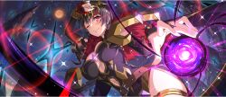 1girl arm_up arue_(konosuba) black_bridal_gauntlets black_dress breasts bridal_gauntlets brown_hair cleavage clothing_cutout dress drill_hair drill_sidelocks eyepatch from_below full_moon game_cg glowing glowing_eye gold_trim hand_on_own_head highres kono_subarashii_sekai_ni_shukufuku_wo! konosuba!_fantastic_days large_breasts light_blush long_hair looking_at_viewer looking_down magic moon navel navel_cutout night night_sky official_alternate_costume official_art one_eye_closed orange_moon red_eyes shade side_slit sidelocks sky smile solo sparkle thighs tight_clothes tight_dress umbrakinesis underboob_cutout