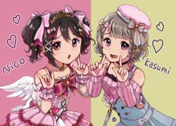 Rule 34 | 2girls, \m/, black choker, black hair, blue overalls, bob cut, bow, bowtie, braid, choker, collarbone, commentary request, cropped sweater, detached sleeves, dress, frilled sweater, grey hair, hair bow, hat, heart, heart necklace, highres, index fingers raised, jewelry, kyaku tasu, long sleeves, love live!, love live! nijigasaki high school idol club, love live! school idol festival all stars, love live! school idol project, multiple girls, nakasu kasumi, nakasu kasumi (a sweet moment), necklace, nico nico nii, off-shoulder sweater, off shoulder, official alternate costume, official alternate hairstyle, overall skirt, overalls, pink background, pink bow, pink bowtie, pink dress, pink hat, pink sweater, red eyes, see-through clothes, see-through sleeves, short hair, short sleeves, side braid, sleeveless, sleeveless dress, split theme, sweater, tilted headwear, twintails, two-tone background, upper body, yazawa nico, yazawa nico (smiley angel), yellow background