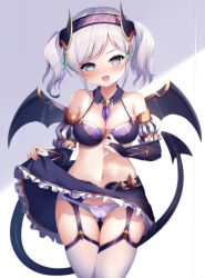 Rule 34 | 1girl, absurdres, akari (princess connect!), artist request, blue eyes, blush, bow, bow panties, bra, bra pull, breasts, cameltoe, clothes lift, clothes pull, cowboy shot, demon girl, demon horns, demon tail, demon wings, detached sleeves, fang, garter straps, grey hair, heart, heart-shaped pupils, highres, horns, large breasts, navel, open mouth, panties, princess connect!, second-party source, short hair, skirt, skirt lift, solo, symbol-shaped pupils, tail, thighhighs, twintails, underwear, white background, white panties, white thighhighs, wings