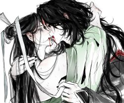 Rule 34 | 2boys, adam&#039;s apple, arms around neck, black hair, black hanfu, black nails, blood, blood from mouth, blush, chinese clothes, crying, crying with eyes open, face-to-face, furrowed brow, green hanfu, gui (e91617), hair bun, half updo, hanfu, highres, imminent kiss, long hair, long sleeves, looking at another, luo binghe, male focus, messy hair, multiple boys, nose blush, off shoulder, renzha fanpai zijiu xitong, ribboned xiao guan, saliva, saliva trail, shen qingqiu, simple background, single hair bun, sweat, tears, v-shaped eyebrows, very long hair, wavy hair, white background, wide sleeves, yaoi, zuiyin