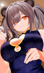1girl absurdres animal_ears arknights bare_shoulders black_dress black_hair breasts china_dress chinese_clothes cleavage closed_mouth dress feater_(arknights) feater_(elite_ii)_(arknights) grey_hair hair_over_one_eye hand_up highres holding large_breasts looking_at_viewer multicolored_hair orange_eyes panda_ears sgt_syunkai2_(myyards) sleeveless smile solo streaked_hair upper_body