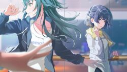 english_text flower gakuen_idolmaster game_cg green_eyes grey_hair hair_flower hair_ornament hataya_misuzu idolmaster jacket official_art profile purple_hair reflection shirt towel tsukimura_temari zipper