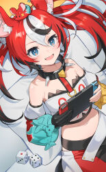 1girl absurdres animal animal_ears animal_on_head bare_shoulders black_collar black_gloves black_hair collar commentary_request controller detached_sleeves dice game_controller gloves hakos_baelz hakos_baelz_(1st_costume) highres holding holding_controller holding_game_controller hololive hololive_english korean_commentary long_hair looking_at_viewer midriff mouse_ears mouse_girl mouse_on_head mr._squeaks_(hakos_baelz) multicolored_hair n2_00345 navel nintendo_switch on_head open_mouth pillow red_hair single_glove sitting smile solo spiked_collar spikes streaked_hair twintails virtual_youtuber white_hair
