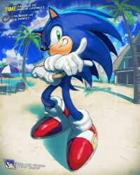 1girl absurdres beach beach_house blue_fur body_fur commentary english_commentary english_text full_body green_eyes highres kornart sand smirk solo sonic_(series) sonic_the_hedgehog standing