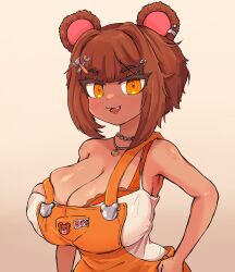 1girl absurdres animal_ears apron bear_ears bear_girl bra breasts brown_hair camisole cleavage earrings fangs h@nk hair_ornament hammer_hair_ornament highres indie_virtual_youtuber jewelry large_breasts lips necklace open_mouth orange_apron orange_bra orange_eyes safety_pin_hair_ornament sena_bonbon short_hair smile solo strap_slip tan underwear upper_body virtual_youtuber white_camisole wrench_hair_ornament