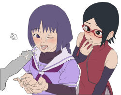 1boy 2girls aldwelter blush boruto:_naruto_next_generations censored cum cum_in_mouth cum_on_body cupping_hands ejaculation facial female_focus glasses hetero kakei_sumire loli long_hair multiple_girls naruto_(series) one_eye_closed open_mouth own_hands_together purple_eyes purple_hair short_hair tongue tongue_out uchiha_sarada white_background