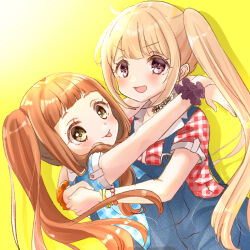 Rule 34 | 2girls, :d, :p, blonde hair, blue shirt, blush, brown eyes, brown hair, closed mouth, collared shirt, commentary request, dress shirt, futaba anzu, highres, ichihara nina, idolmaster, idolmaster cinderella girls, idolmaster cinderella girls starlight stage, long hair, looking at viewer, multiple girls, open mouth, orange scrunchie, overalls, plaid clothes, plaid shirt, puffy short sleeves, puffy sleeves, red shirt, rino cnc, scrunchie, shirt, short eyebrows, short sleeves, side ponytail, smile, thick eyebrows, tongue, tongue out, v-shaped eyebrows, very long hair, wrist scrunchie, yellow background