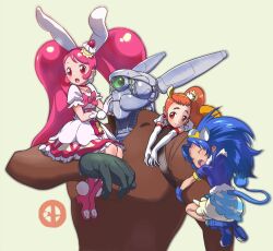 Rule 34 | 1boy, 3girls, appleseed, arm hug, blue hair, briareos hecatonchires, character request, closed mouth, cyborg, dress, gloves, itsuzuki kanau, long hair, multiple girls, open mouth, precure, simple background, skirt, smile, white background