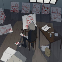 1boy absurdres avogado6 bag black_shoes blood blood_on_clothes blood_on_hands bloody_knife canvas_(object) closed_eyes closed_mouth cup depressed drugs finger_painting grey_hair highres indoors injury knife male_focus original painting_(action) painting_(object) self-harm shoes sitting sleeves_rolled_up smile solo stool tissue water window wooden_floor