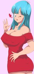 1girl absurdres aqua_hair artist_request ass bare_legs bare_shoulders breasts breasts_out dragon_ball dragonball_z dress hand_on_own_hip happy hazama_null heart highres large_breasts long_hair looking_at_viewer maron_(dragon_ball) nipples no_bra one_eye_closed pink_background red_dress short_dress simple_background skindentation wink