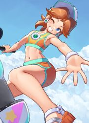 1girl blue_eyes blue_sky clenched_teeth cloud day highres looking_at_viewer mario_(series) mario_kart mario_kart_world midriff navel nintendo orange_sandals orange_shorts outdoors princess_daisy ranma_(kamenrideroz) sandals shorts sky smile solo teeth