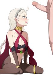 1boy 1girl absurdres ahoge alternate_costume bare_shoulders bodystocking braid breasts bridal_gauntlets bridal_legwear cleavage closed_eyes commission commissioner_upload cosplay criss-cross_halter dancer dorothea_arnault dorothea_arnault_(plegian) dorothea_arnault_(plegian)_(cosplay) fazekas fire_emblem fire_emblem_fates fire_emblem_heroes gold_collar hairband halterneck harem_outfit hetero highres jewelry kiran_(fire_emblem) long_hair looking_at_penis low_twin_braids low_twintails male_kiran_(fire_emblem) medium_breasts nina_(fire_emblem) nintendo non-web_source open_mouth parted_bangs penis_awe thigh_ring thighlet twin_braids twintails white_hair