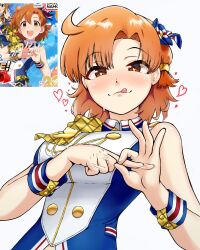 Rule 34 | 1girl, :q, absurdres, ahoge, blush, bow, breasts, brown eyes, closed mouth, create festival (idolmaster), hair bow, heart, heart-shaped pupils, highres, idolmaster, idolmaster million live!, idolmaster million live! theater days, looking at viewer, naughty face, nii niip, official alternate costume, official art inset, orange hair, sexually suggestive, short hair, simple background, sleeveless, solo, symbol-shaped pupils, tongue, tongue out, upper body, white background, wrist cuffs, yabuki kana