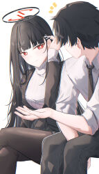 1boy 1girl absurdres black_hair black_jacket black_necktie black_pantyhose blazer blue_archive blush crossed_legs hair_ornament hairclip halo highres jacket leonardo_566 long_hair necktie pantyhose red_eyes ribbed_sweater ringed_eyes rio_(blue_archive) sensei_(blue_archive) simple_background sitting smile sweater turtleneck white_background