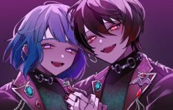 Rule 34 | 163yunatsu, 2boys, black hair, black jacket, black nails, blue hair, chain, chain necklace, ensemble stars!, fangs, glowing, glowing eyes, green brooch, hair between eyes, holding hands, jacket, jewelry, looking at viewer, medium hair, multicolored clothes, multiple boys, nail polish, necklace, official alternate costume, parted bangs, pink eyes, purple background, red brooch, red eyes, ring, sakuma ritsu, shino hajime, short hair, simple background, turtleneck