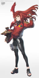 1girl absurdres bottle camera emblem fingerless_gloves full_body gloves hair_wings helmet highres holding holding_helmet jacket leggings long_hair looking_at_viewer miv4t toeless_footwear original red_hair red_jacket scarf solo standing thigh_strap water_bottle white_background yellow_eyes