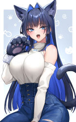 Rule 34 | 1girl, animal ear fluff, animal ears, animal hands, black hair, blue eyes, blue hair, blue pants, blush, border, breasts, cat day, cat ears, cat girl, cat tail, colored inner hair, commentary request, denim, detached sleeves, fangs, gloves, hair intakes, hand up, hashtag-only commentary, high-waist pants, highres, hololive, hololive english, jeans, kemonomimi mode, large breasts, long hair, looking at viewer, multicolored hair, official alternate costume, oopartz yang, open mouth, ouro kronii, ouro kronii (casual), outside border, pants, paw gloves, revision, sitting, sleeveless, sleeveless sweater, smile, solo, sweater, sweater tucked in, tail, tail raised, teeth, tongue, torn clothes, torn pants, turtleneck, turtleneck sweater, two-tone hair, upper teeth only, very long hair, virtual youtuber, white border, white sleeves, white sweater