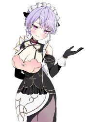 1girl absurdres bare_shoulders black_dress black_gloves breasts cleavage dress gloves highres kozue_mone large_breasts maid_headdress mugi0913 nijisanji short_hair simple_background smile solo tagme white_background