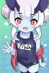 1girl arm_at_side arum_(world_flipper) blue_skin blush_stickers collarbone colored_skin covered_navel double_bun eyelashes fang gradient_background hair_bun highres horns jacket looking_at_viewer mwm5 one-piece_swimsuit open_mouth red_eyes red_jacket school_swimsuit sidelocks solo swimsuit waving world_flipper