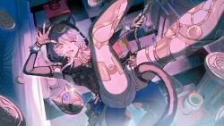 1girl absurdres animal_ear_fluff animal_ears black_gloves blue_eyes breasts cat_ears cat_girl cat_tail cipher_(honkai:_star_rail) coin column commentary_request ears_through_hood fang feet_out_of_frame fingerless_gloves fingernails from_above glint gloves grey_hair highres holding holding_rope honkai:_star_rail honkai_(series) hood hood_up hooded_leotard kanangnsn large_breasts legs_up long_fingernails looking_at_viewer nail_polish one_eye_closed open_mouth pillar rappelling rope short_hair_with_long_locks solo tail vase yellow_nails