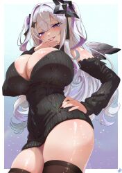 Rule 34 | 1girl, absurdres, amane konata, black nails, black sleeves, black sweater, black thighhighs, black wings, blush, breasts, detached sleeves, fingernails, floating headgear, gradient wings, grey hair, grin, headgear, highres, hololive, huge breasts, long hair, long sleeves, looking at viewer, momoyama tits, multicolored wings, nail polish, purple eyes, purple hair, ribbed sleeves, ribbed sweater, smile, solo, sweater, thighhighs, thighs, two side up, virtual youtuber, wings