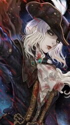 1girl ascot blood bloodborne cape coat gem gloves hat hat_feather highres lady_maria_of_the_astral_clocktower long_hair looking_at_viewer magion02 ponytail solo tricorne weapon white_hair