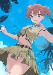 1girl absurdres aqua_eyes asymmetrical_hair belt blush breasts cowboy_shot dress green_eyes gym_leader hair_between_eyes highres holding holding_poke_ball miniskirt misty_(pokemon) nintendo orange_hair palm_tree palms panties poke_ball pokemon pokemon_rgby ponytail short_hair side_ponytail skirt solo tree underwear water white_panties