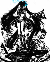 Rule 34 | 10s, 1girl, black rock shooter, black rock shooter (character), blue eyes, female focus, hikariz, midriff, monochrome, solo, spot color, swimsuit, twintails