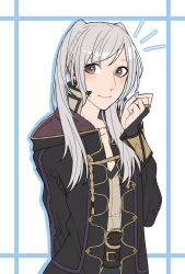1girl ao_saryaruhu arm_behind_back belt black_coat breasts brown_eyes cleavage clenched_hand coat collarbone eyelashes female_focus fingerless_gloves fingernails fire_emblem fire_emblem_awakening gloves hand_up happy highres hood hooded_coat light_blush lips long_hair long_sleeves looking_at_viewer medium_breasts neck open_clothes open_coat robin_(female)_(fire_emblem) robin_(fire_emblem) shirt sidelocks sleeveless sleeveless_shirt smile standing swept_bangs twintails upper_body white_background white_hair wide_sleeves