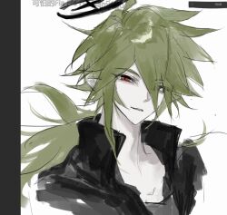 1boy aotu_world art_tools_in_frame black_jacket black_shirt collarbone eyes_visible_through_hair green_hair hair_between_eyes hair_over_one_eye halo high_collar highres jacket long_hair looking_at_viewer low_ponytail male_focus nimeiyouzijidemama open_clothes open_jacket parted_lips pointy_ears ponytail portrait red_eyes shirt simple_background sketch smile solo upper_body white_background xander_(aotu_world)