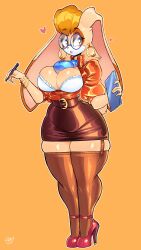 1girl absurdres between_breasts blush breasts curvy earrings female_focus full_body furry furry_female glasses heart high_heels highres jamoart jewelry large_breasts looking_at_viewer medium_hair pen rabbit_girl secretary simple_background skindentation solo sonic_(series) thick_thighs thighhighs thighs vanilla_the_rabbit wide_hips