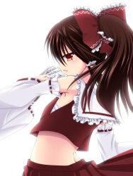 1girl asazuki_kanai bow brown_hair detached_sleeves female_focus hair_bow hakurei_reimu highres japanese_clothes kanai_amachi looking_back midriff miko ofuda ponytail red_eyes sarashi solo touhou