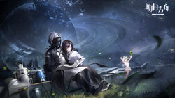 1other 2girls absurdres animal_ears arknights black_hair black_hood black_pantyhose black_shoes brs_(33143752) cat_ears cat_girl chair coat coffee_mug commentary_request cup doctor doctor_(arknights) dress grey_hair highres holding holding_cup kal&#039;tsit_(arknights) kettle lab_coat long_hair mask mug multiple_girls night night_sky on_chair outdoors pantyhose planet priestess_(arknights) shoes sitting sky white_coat white_dress