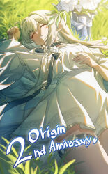 1girl anniversary belt_collar blacha_(dkskek157) clenched_hand closed_eyes collar commentary counter:side dress flower grass hair_intakes hand_up highres jewelry long_hair long_sleeves lying on_back on_grass on_ground parted_lips pendant pleated_dress sidelighting sleeping solo solovey_(counter:side) thigh_strap vase white_dress white_flower white_hair