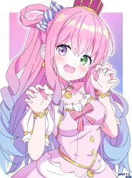 1girl blue_hair blush candy_hair_ornament claw_pose crown dress food-themed_hair_ornament gradient_hair green_eyes hair_ornament heterochromia highres himemori_luna himemori_luna_(1st_costume) hololive kaie long_hair looking_at_viewer multicolored_hair open_mouth pink_dress pink_hair purple_eyes smile solo very_long_hair virtual_youtuber