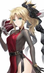 1girl belt blonde_hair bodystocking braid breasts clarent_(fate) dress fate/apocrypha fate_(series) green_eyes hair_ribbon half_up_braid highres long_hair long_sleeves looking_at_viewer mordred_(fate) mordred_(fate/apocrypha) parted_bangs ponytail red_dress ribbon sideboob sidelocks small_breasts solo sword tonee weapon