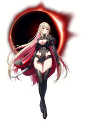 Rule 34 | 1girl, :o, black boots, black gloves, black shirt, black shorts, black thighhighs, blonde hair, boots, braid, breasts, cape, cleavage, closers, crop top, crossed legs, dagger, full body, gloves, high collar, high heel boots, high heels, highres, holding, holding dagger, holding knife, holding weapon, knife, large breasts, long hair, long sleeves, looking at viewer, micro shorts, midriff, official art, open mouth, pelvic curtain, pink eyes, pink hair, plunging neckline, shirt, shorts, simple background, solo, standing, thigh boots, thighhighs, thighs, very long hair, watson cross, weapon, white background, yoon ria (closers)