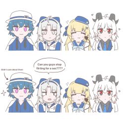 1boy 3girls ahoge aqua_eyes black_eyes black_horns black_necktie black_shirt black_tail blonde_hair blue_bow blue_hair blue_hairband blue_hat blue_necktie blue_shirt bow brant_(wuthering_waves) carlotta_(wuthering_waves) cheek_poking chibi chibi_only closed_eyes closed_mouth collared_shirt commentary curled_horns demon_tail earrings english_commentary english_text flying_sweatdrops hair_bow hair_ornament hairband hat heart highres horns jacket jacket_on_shoulders jewelry key_earrings lawson long_hair looking_at_viewer multicolored_eyes multicolored_hair multiple_girls necktie official_alternate_costume parted_bangs phoebe_(wuthering_waves) poking poking_with_tail portrait purple_eyes red_eyes shirt simple_background streaked_hair tail tenrino two-tone_eyes undone_necktie white_background white_hat white_jacket x_hair_ornament yuri zani_(wuthering_waves)