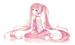 1girl bare_shoulders boots cherry_blossoms detached_sleeves female_focus from_behind full_body hatsune_miku long_hair pink_boots pink_eyes pink_hair reflective_floor sakura_miku saru simple_background sitting skirt solo thigh_boots thighhighs twintails very_long_hair vocaloid wariza white_background zettai_ryouiki