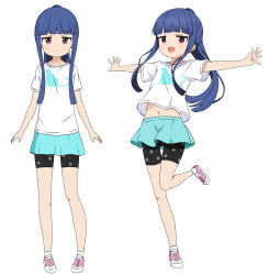 1girl animal_print aqua_skirt black_shorts blue_hair cat_print commentary crys_(dai) dancing expressionless full_body highres hime_cut idolmaster idolmaster_cinderella_girls idolmaster_cinderella_girls_u149 jitome legs light_blush long_hair looking_at_viewer miniskirt multiple_views navel open_mouth outstretched_arms paw_print pink_shoes ponytail print_shirt red_eyes sajo_yukimi shirt shoes short_sleeves shorts sidelocks skirt smile socks standing standing_on_one_leg white_background white_shirt white_socks