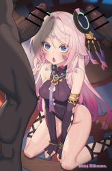 1girl 2boys armlet artist_name bar_censor black_leotard blue_eyes body_markings braid breasts censored citlali_(genshin_impact) commentary dated english_commentary erection facial_mark floating_headgear forehead_mark genshin_impact hair_intakes headgear highres hilichurl_(genshin_impact) indoors jewelry leotard long_hair looking_up medium_breasts multiple_boys open_mouth parted_bangs penis_awe pink_hair pink_pupils ribbed_leotard rikume ring_hair_ornament side_braid sitting triangle triangle_facial_mark twin_braids wariza